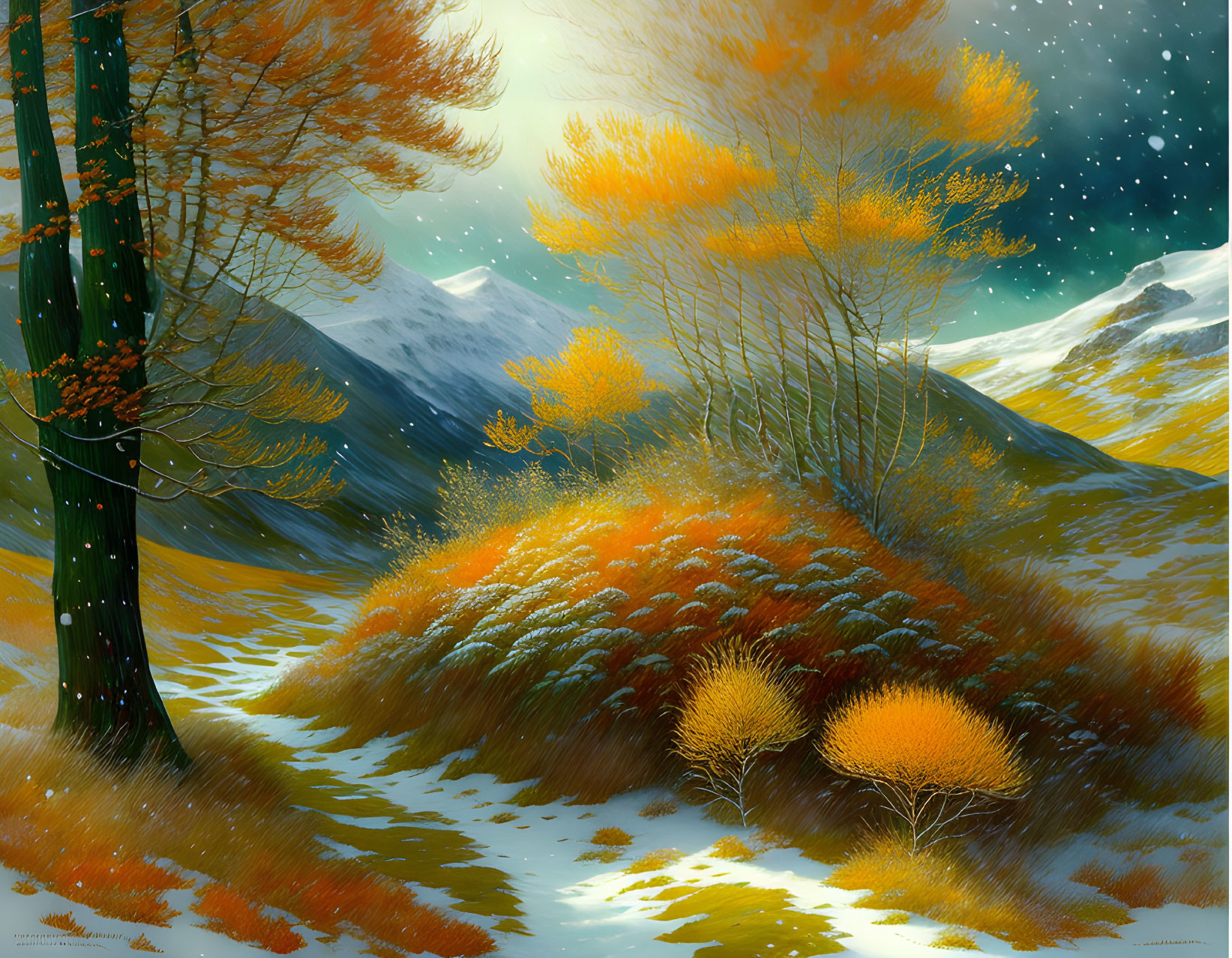 Golden foliage and snow-dusted mountain in twilight scenery