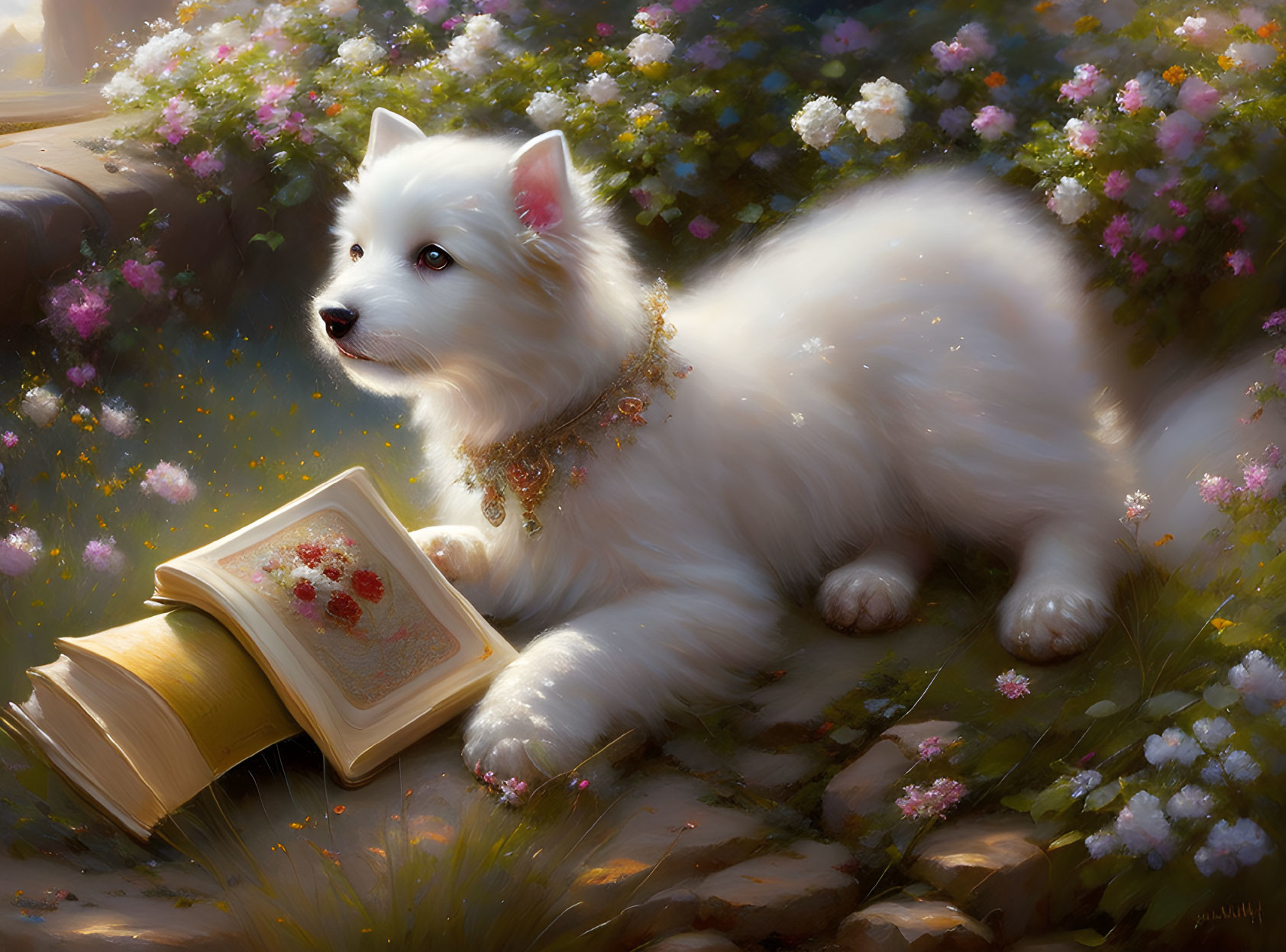 Fluffy White Dog Resting Near Open Book and Flowers