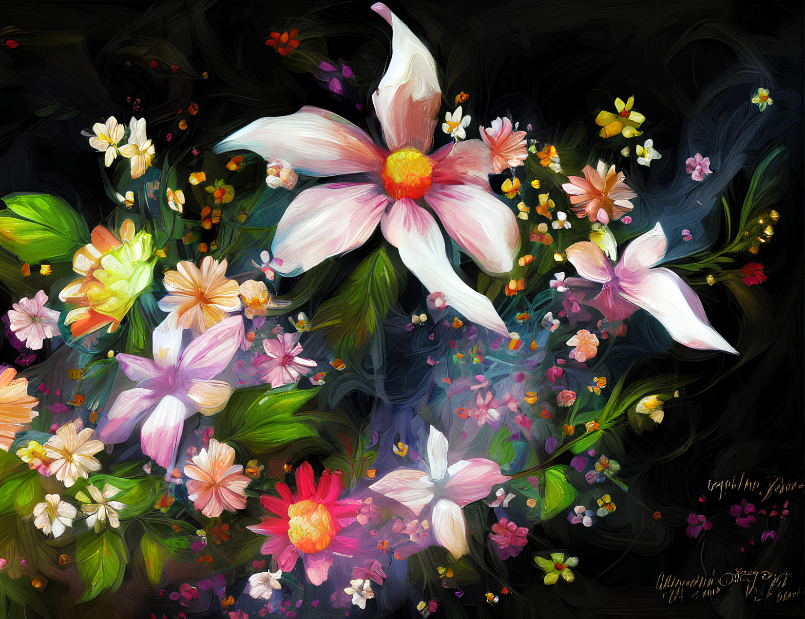 Colorful Flowers Digital Painting with Pink and White Blossoms on Dark Background