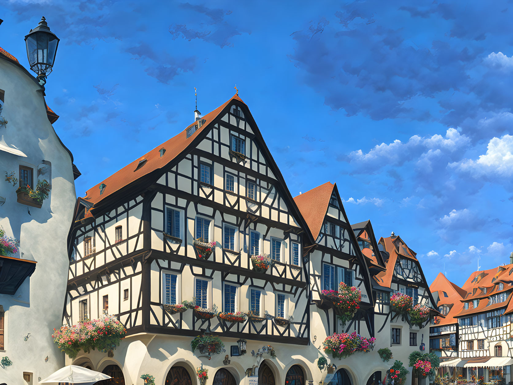 European Half-Timbered Buildings on Street with Flower-Filled Balconies