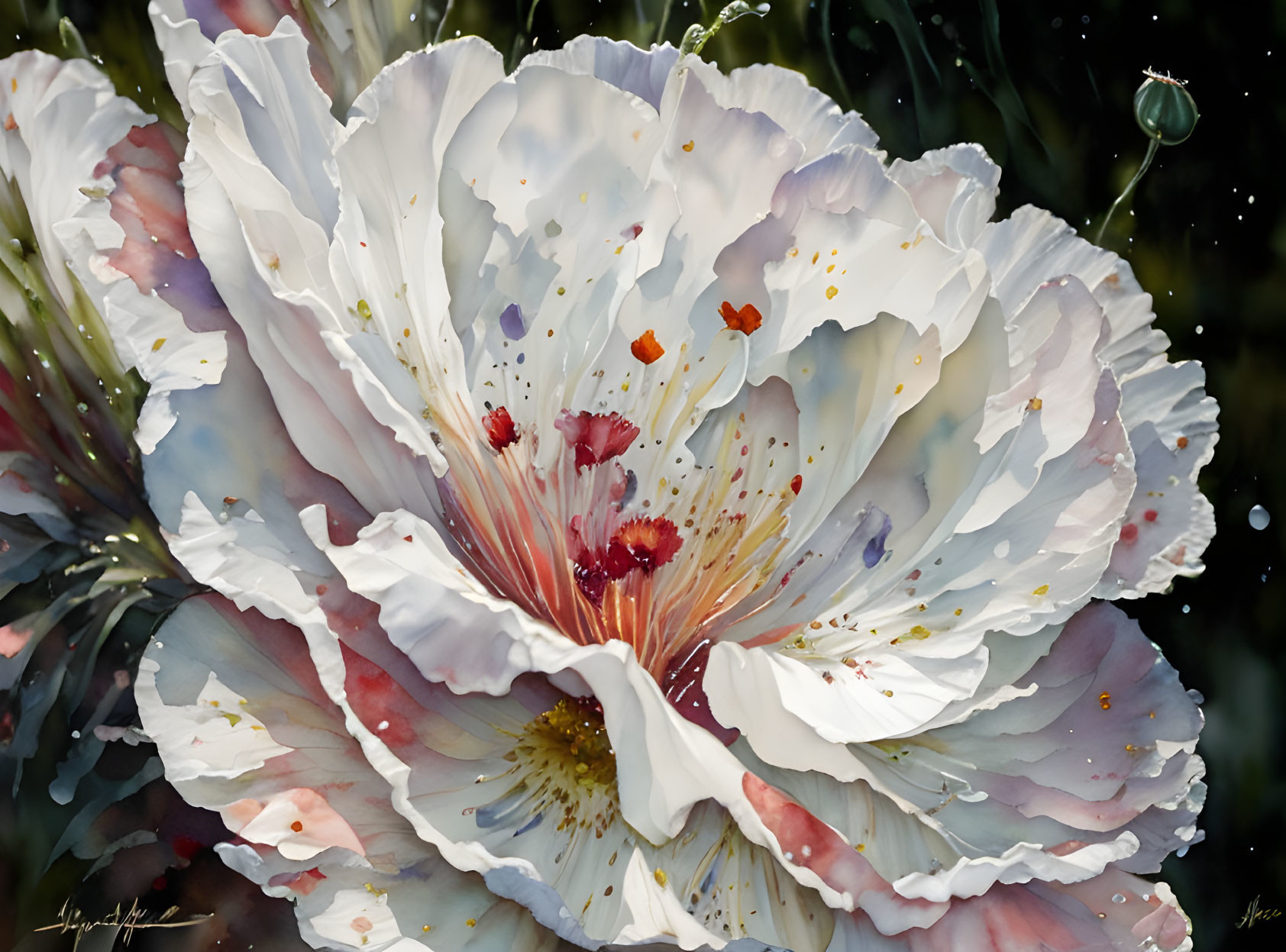 Hyper-realistic painting of large white flower with red and yellow accents and glistening droplets