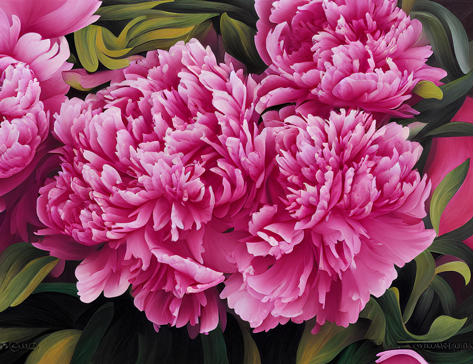 Colorful painting of pink peonies with ruffled petals and green leaves