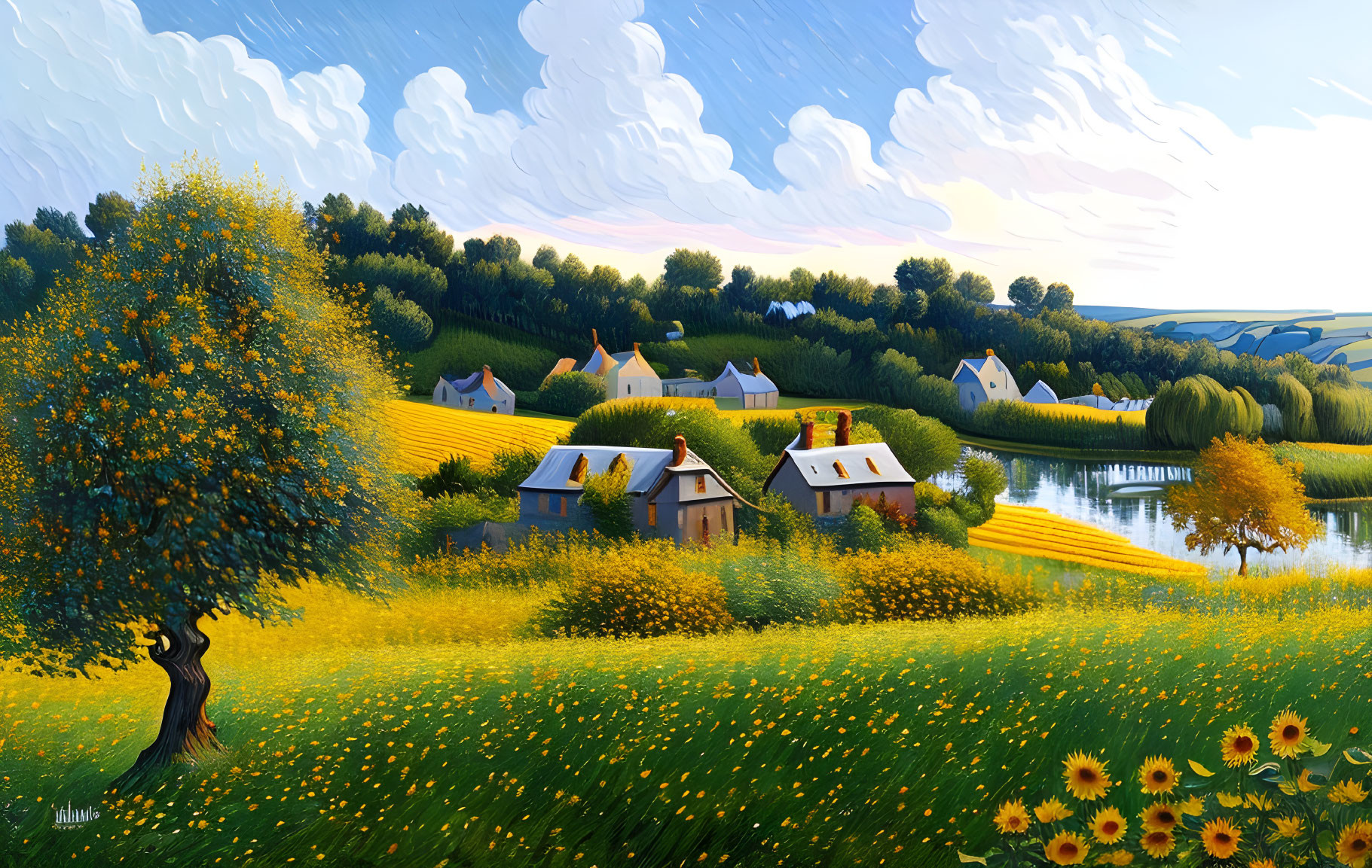 Scenic countryside landscape with houses, hills, blooming tree, sunflower field, river, and