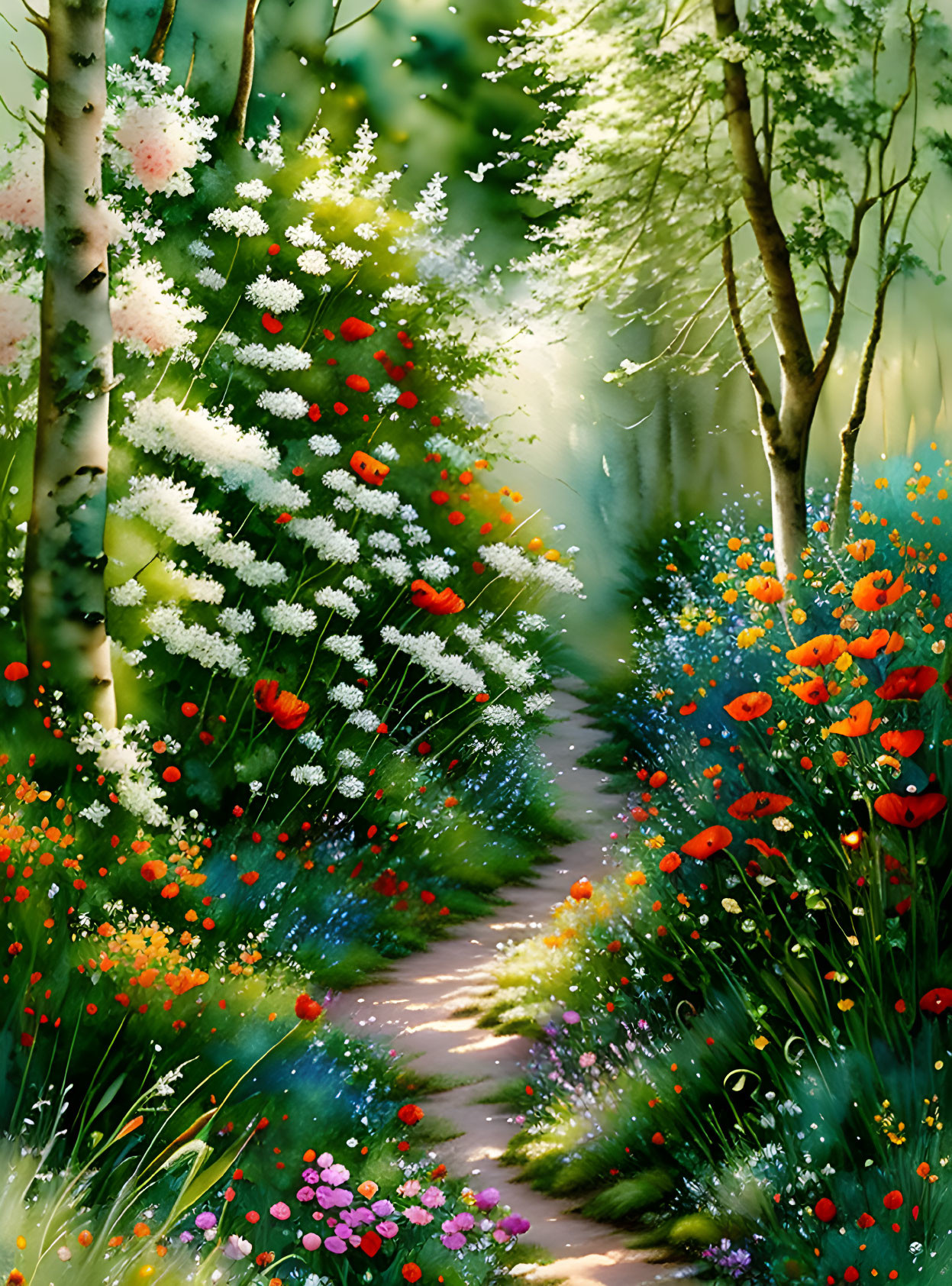 Vibrant forest path with red poppies and wildflowers