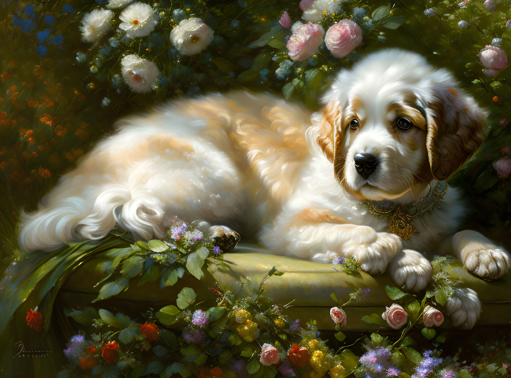 Fluffy Brown and White Puppy with Gold Collar in Flower Garden