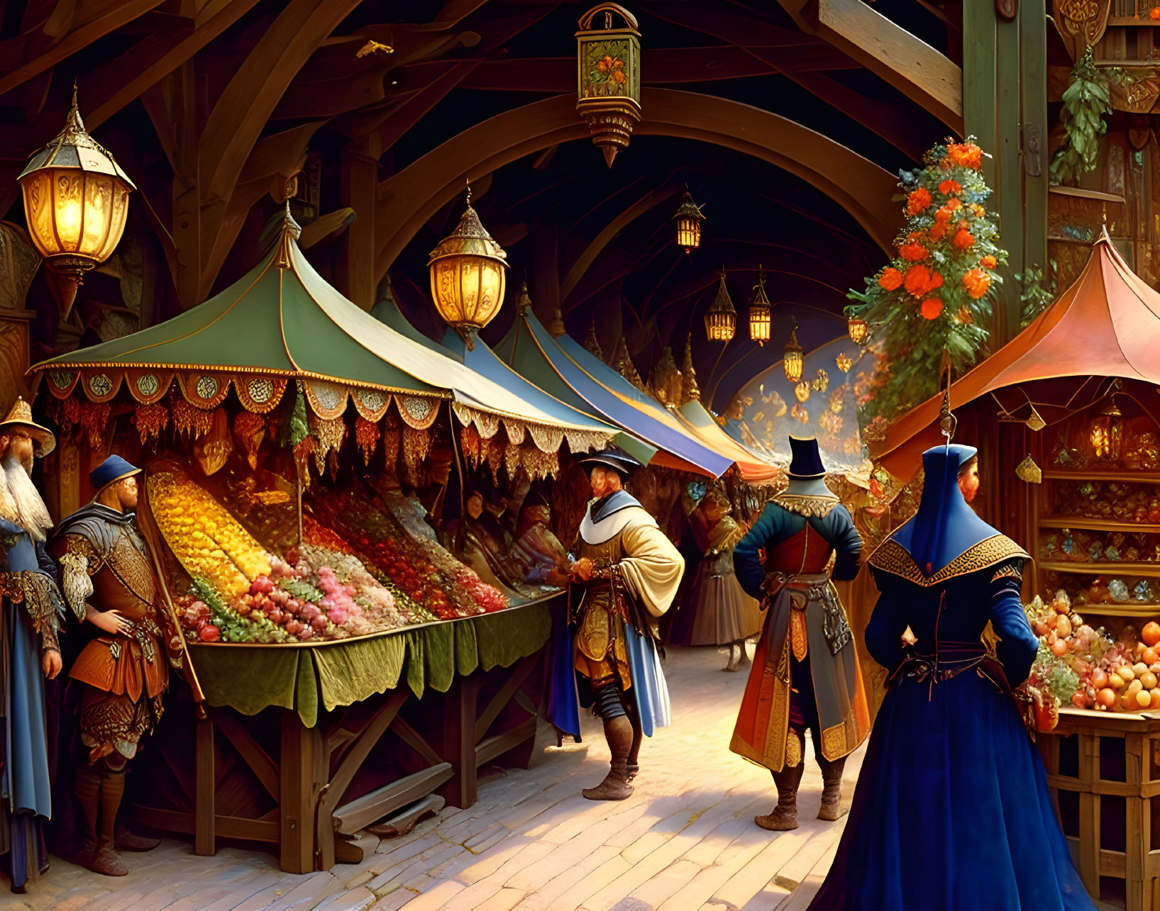 Historical market scene with period costumes and fruit stalls under lantern-lit structure