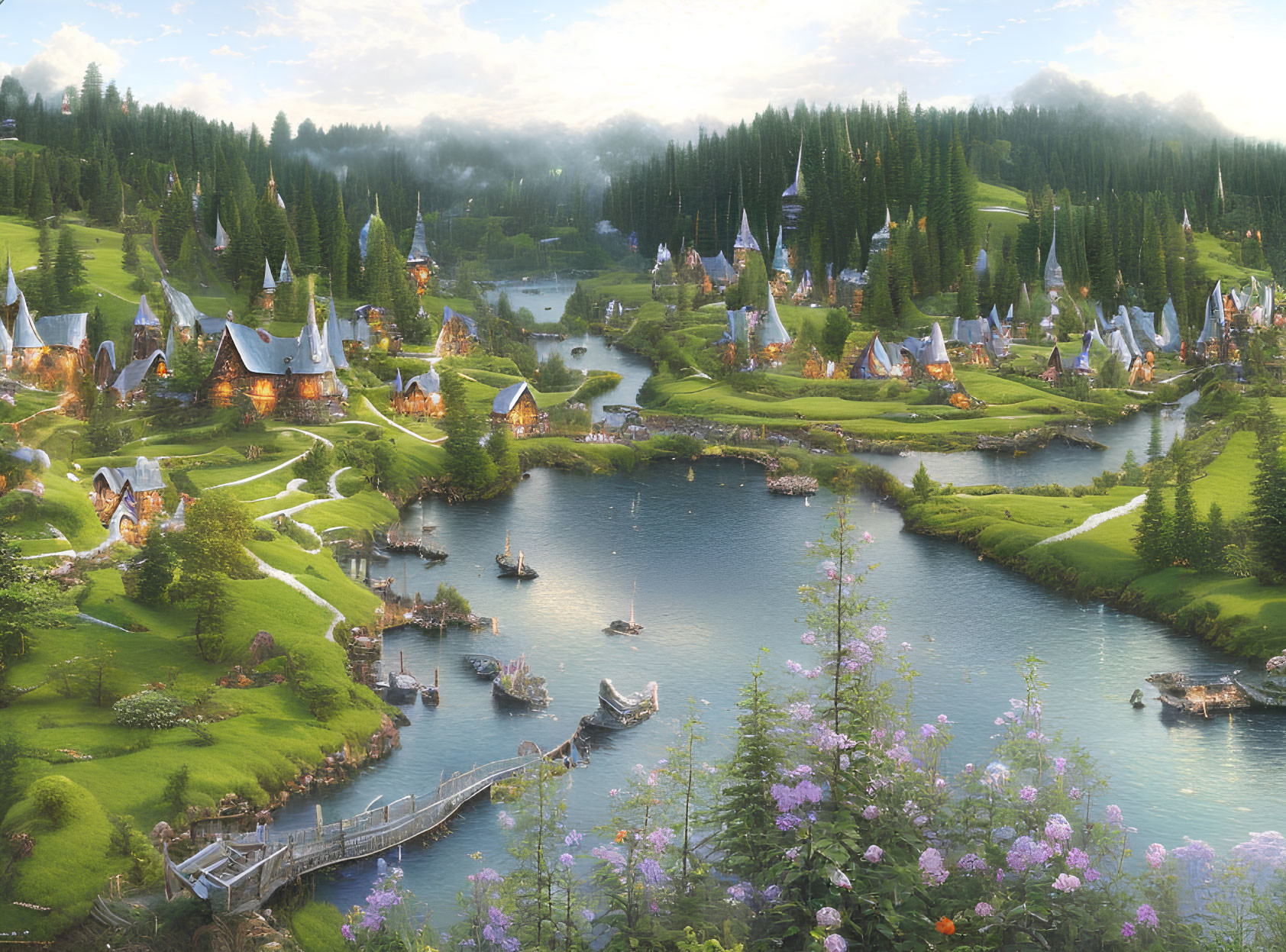 Tranquil fantasy landscape with village, river, and lake