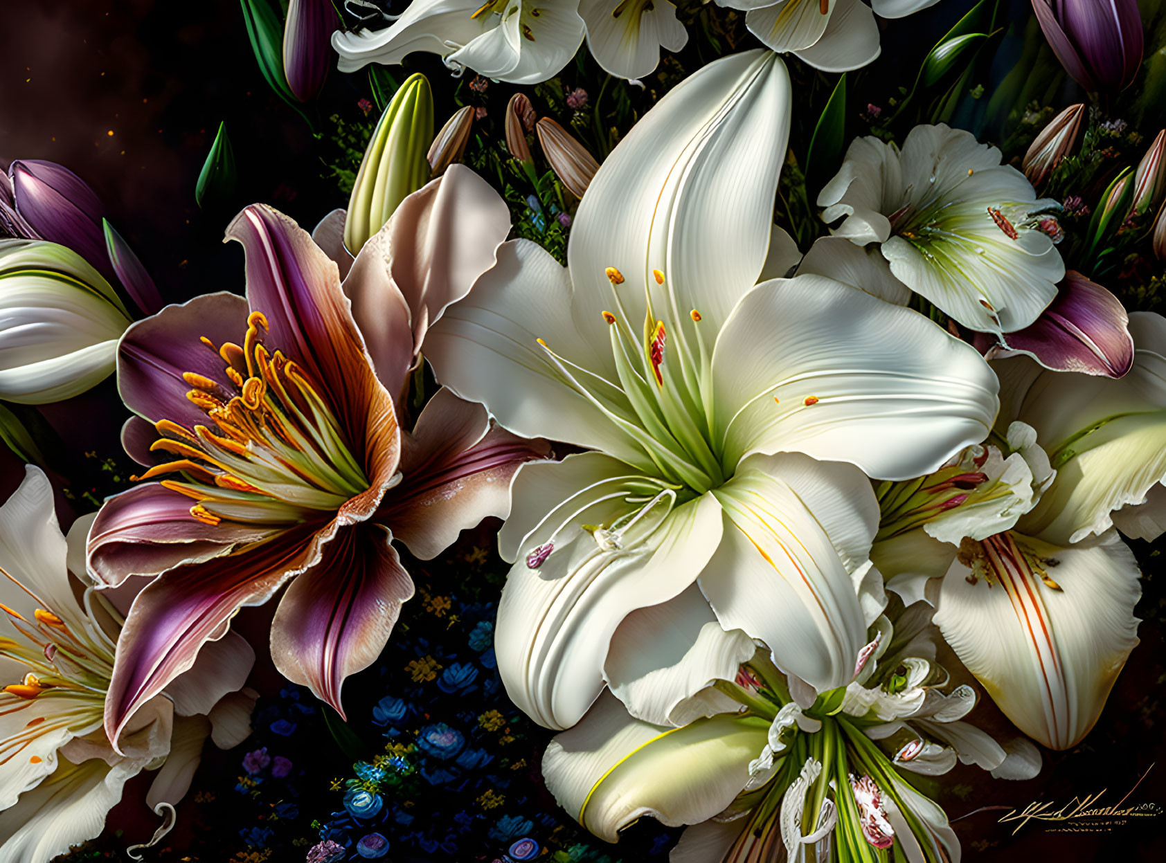 Colorful Close-Up of Vibrant Lilies with Detailed Stamens and Petals