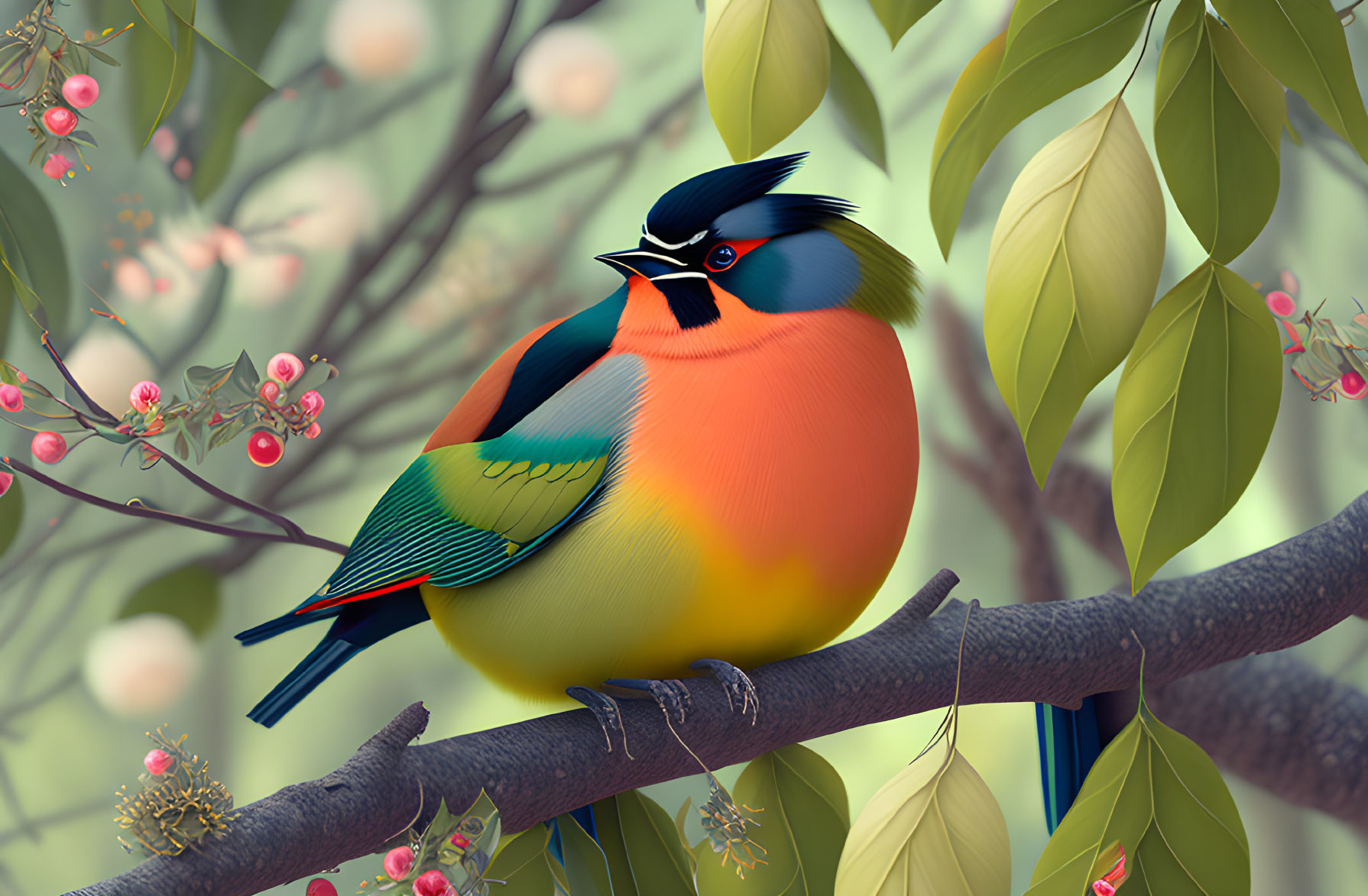 Colorful stylized bird perched among pink blossoms and green leaves