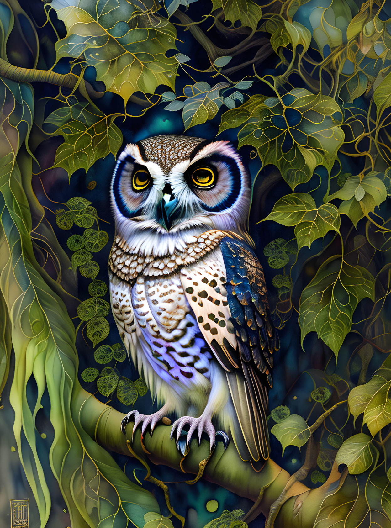 Detailed Owl Perched on Branch in Lush Foliage