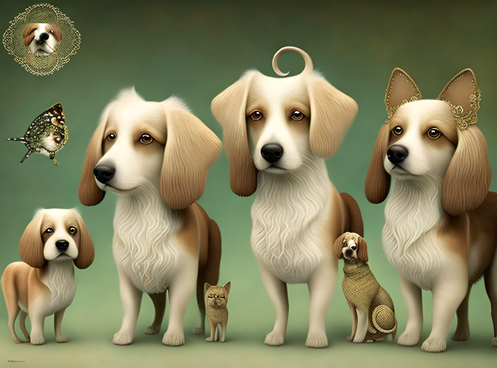 Stylized digital artwork featuring five dogs with human-like expressions, a cat, haloed dog head