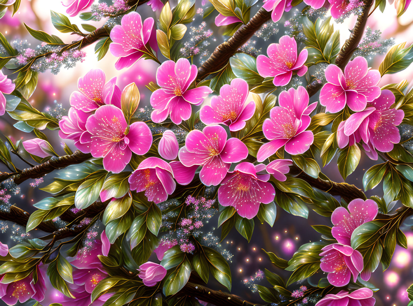 Vivid Pink Blossoms with Green Leaves and Sparkling Particles