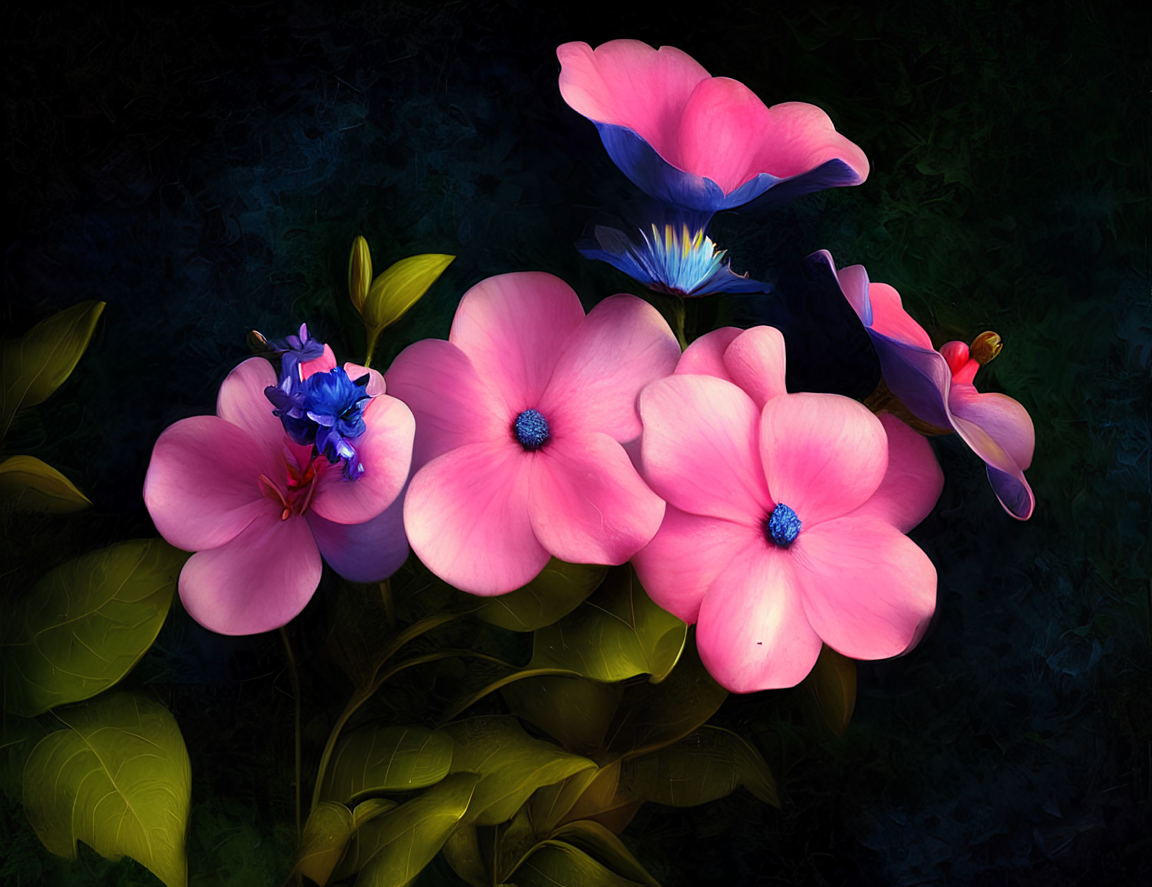 Colorful digital art: Pink flowers, blue centers, and green leaves on dark backdrop