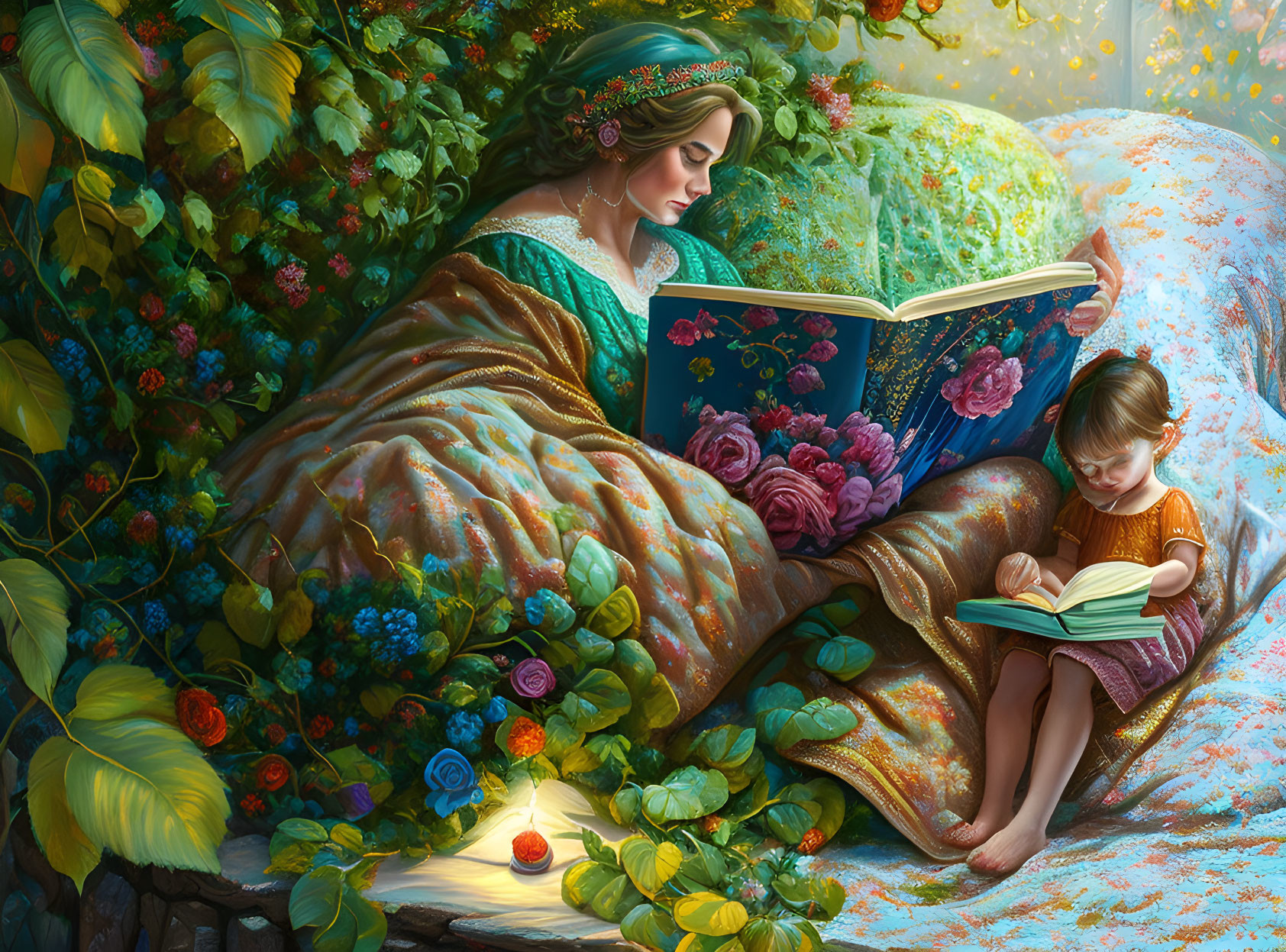 Woman and Child Reading Books in Vibrant Garden Setting