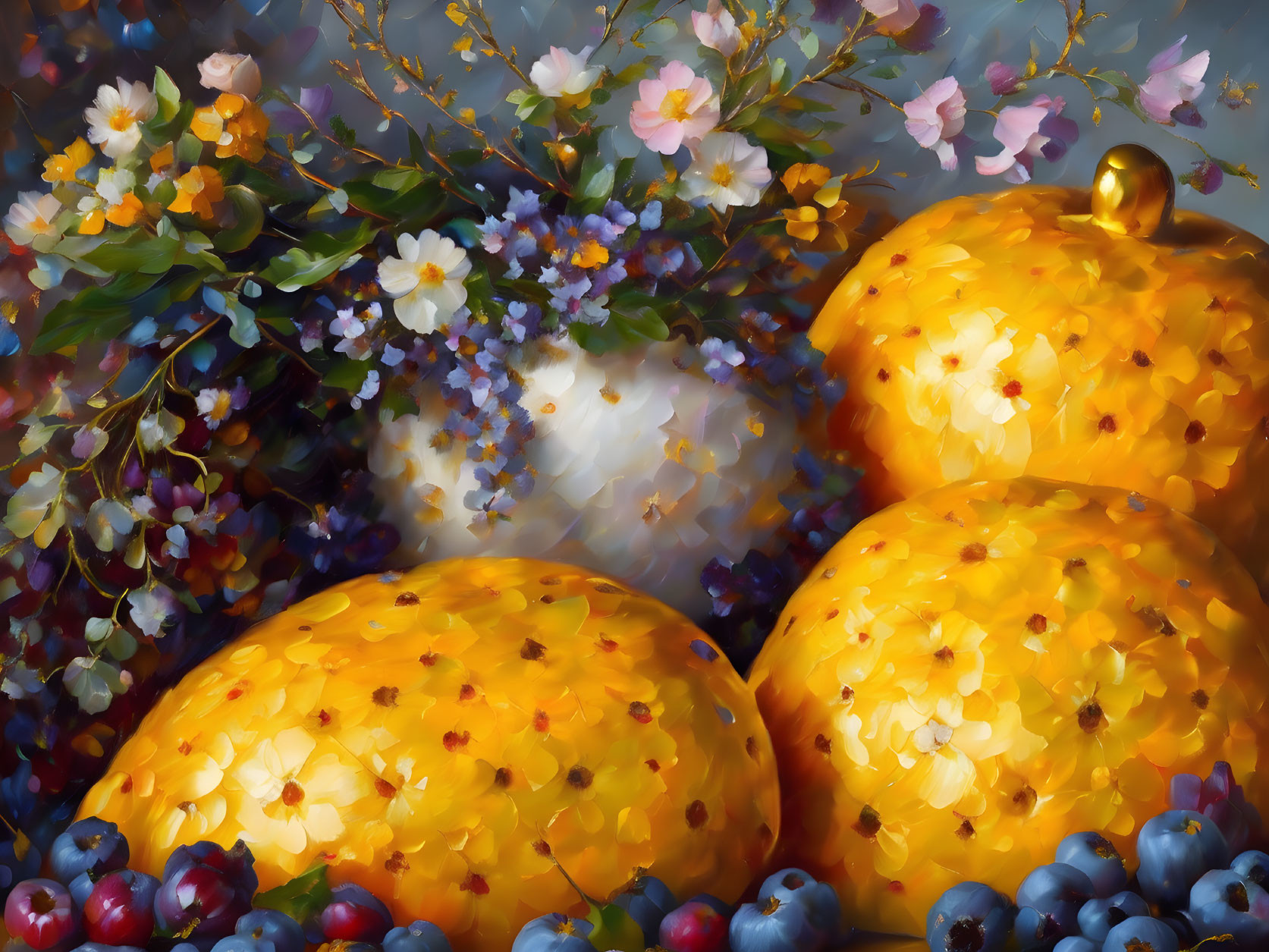 Colorful Still-Life Painting with Lemons, Blueberries, and Flowers