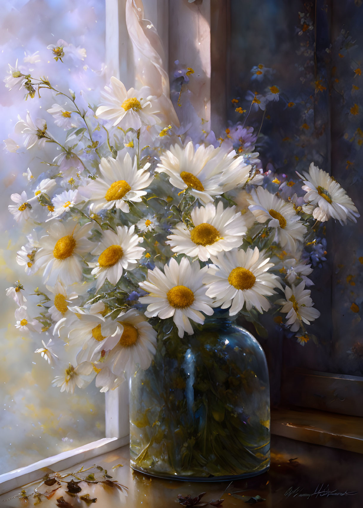 Colorful daisies in glass jar by window with soft light