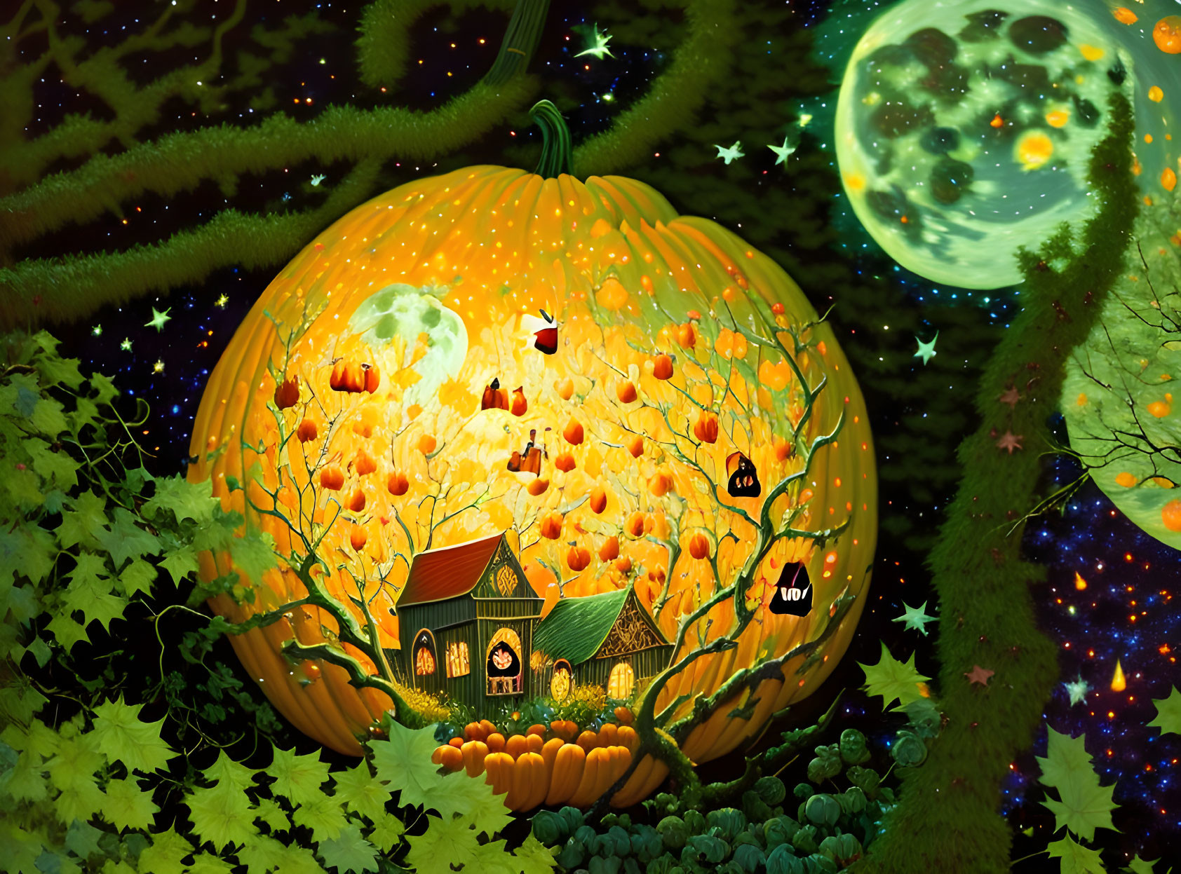 Whimsical night scene with glowing pumpkin and small houses