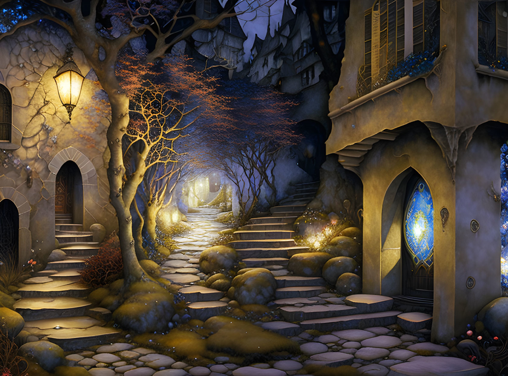 Quaint cobblestone street with glowing houses and magical trees