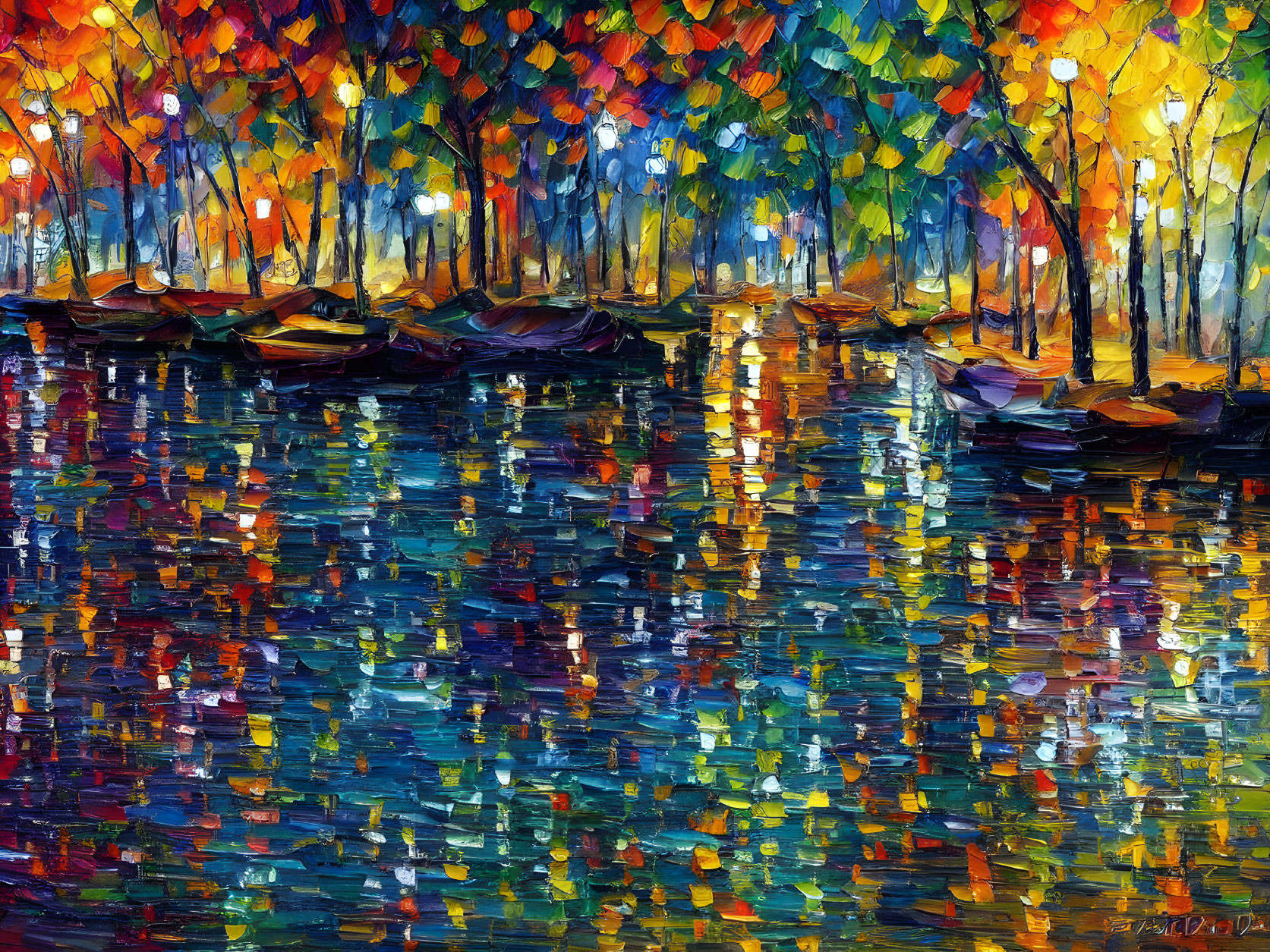 Vibrant Abstract Painting: Boats on Reflective Water with Autumn Forest