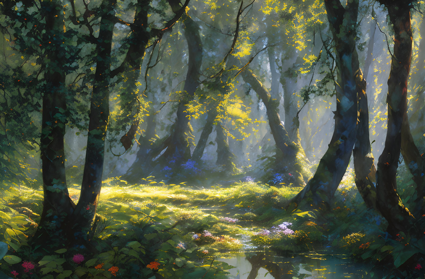 Vibrant sunlit forest with tranquil stream