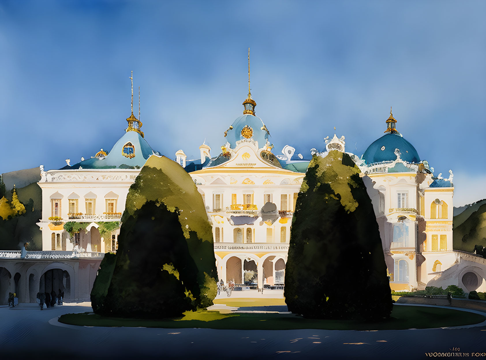 Baroque palace with gilded spires and ornate decorations against dramatic sky