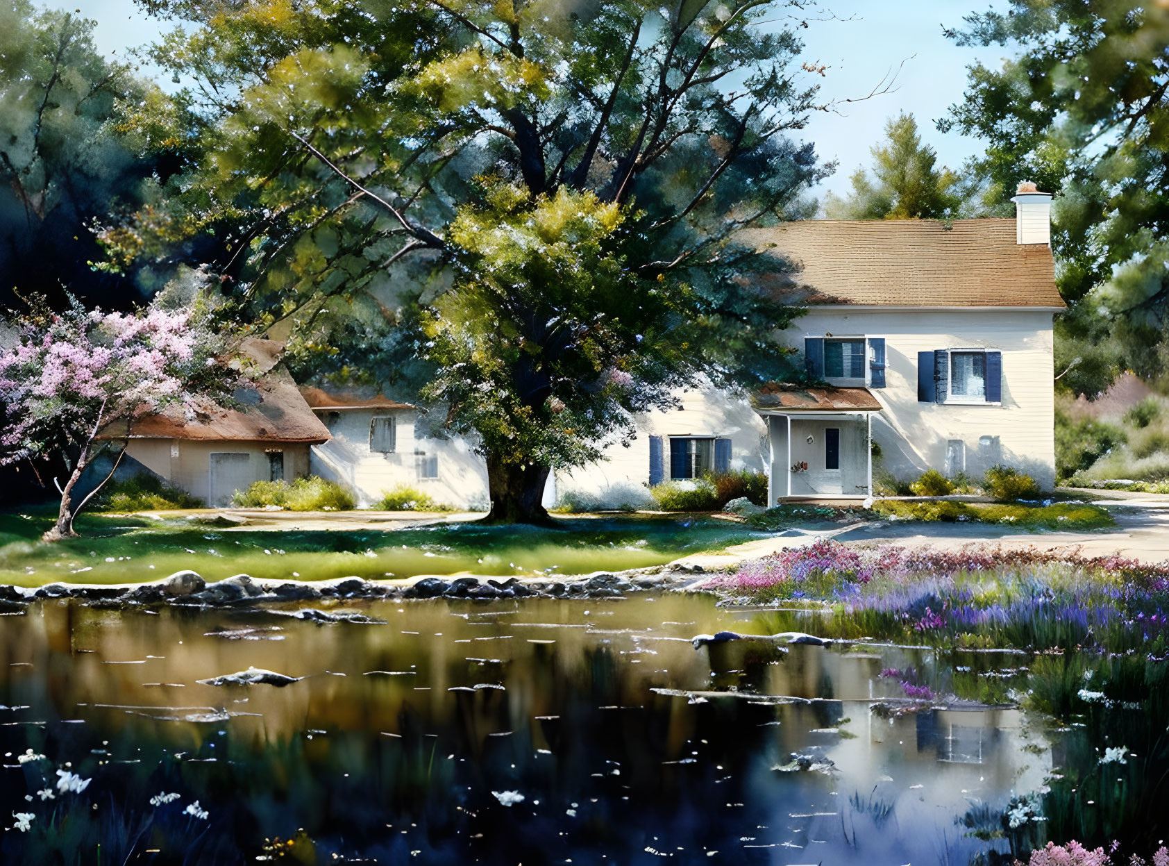 Tranquil landscape with white house, pink tree, pond