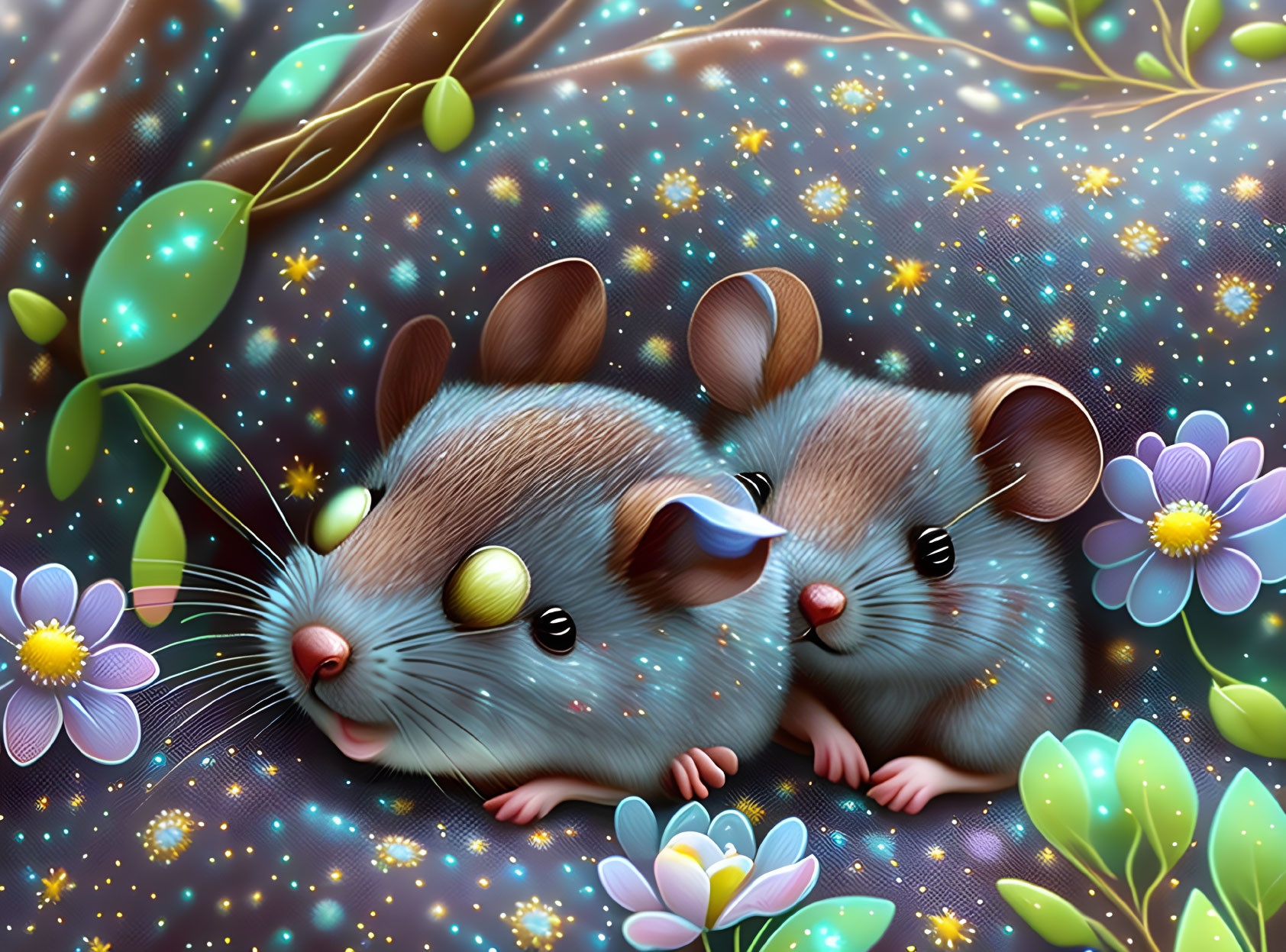 Stylized cartoon mice surrounded by vibrant flowers and magical lights