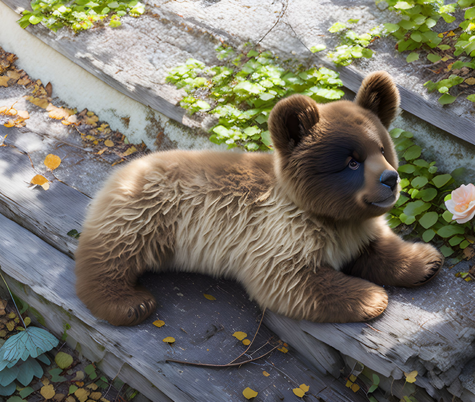 Realistic plush toy bear on wooden surface with greenery and fallen leaves