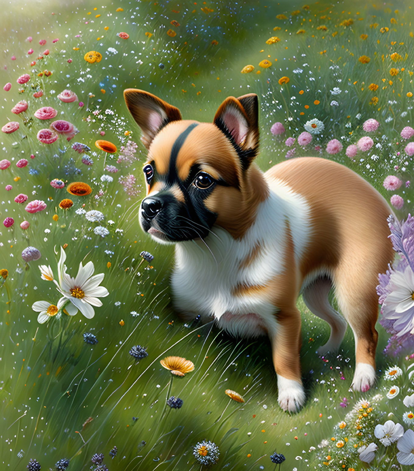 Alert Corgi Puppy in Vibrant Wildflowers and Sunny Meadow