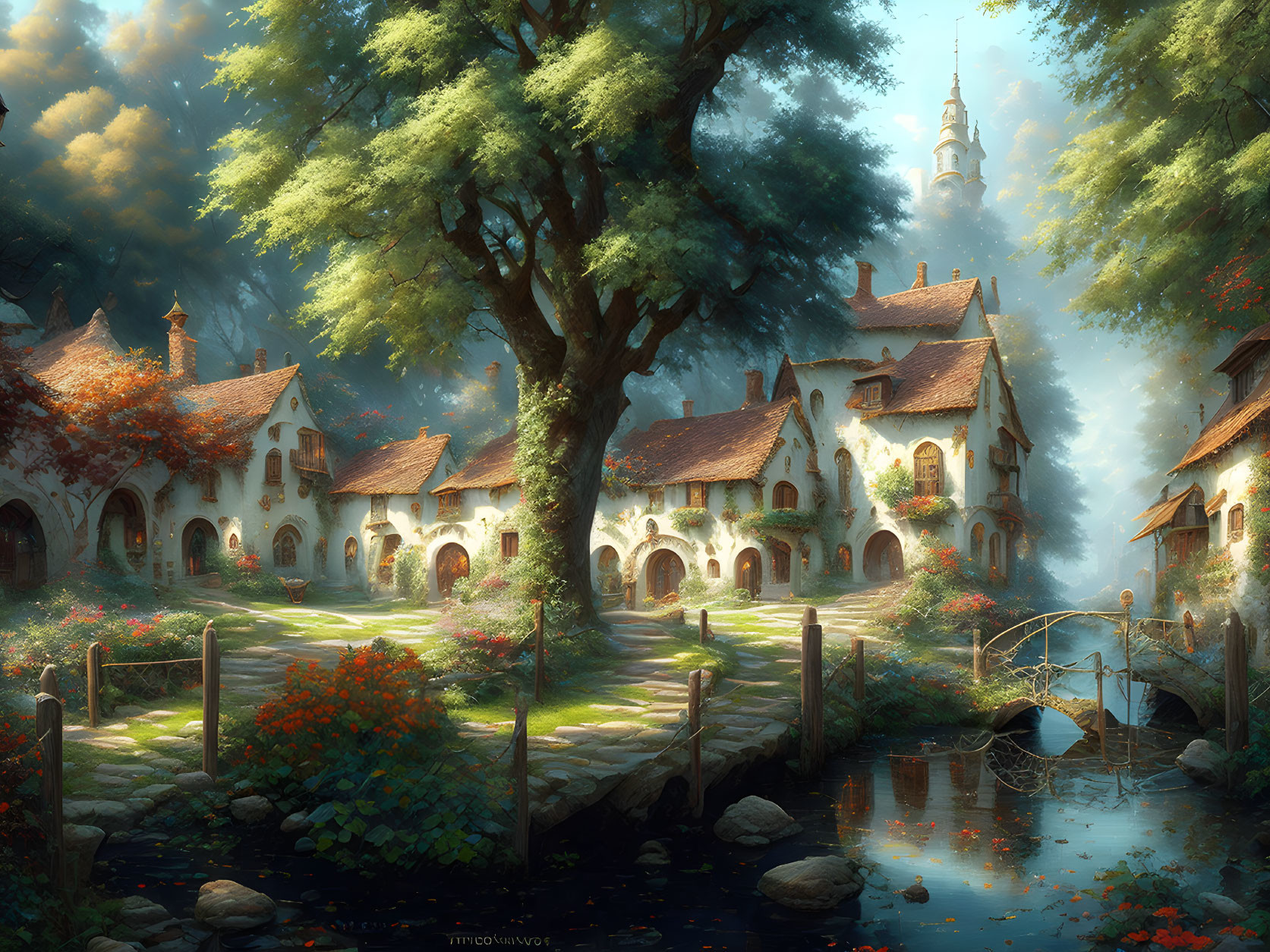 Picturesque village scene with cottages, stone bridge, stream, trees, and church spire.