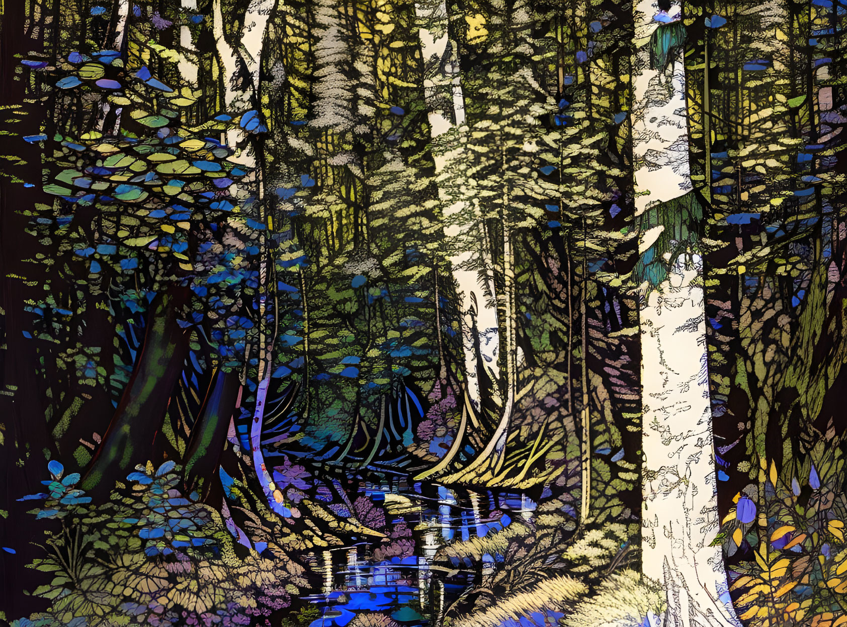 Vibrant forest illustration with intricate foliage and pond