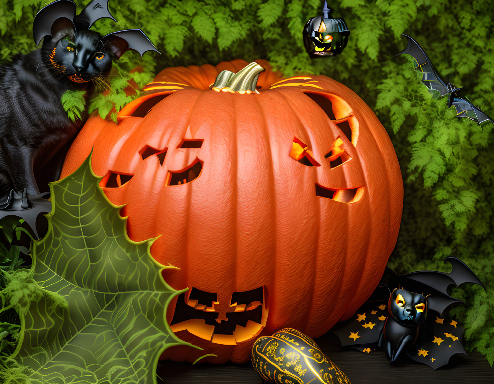 Spooky Halloween-themed illustration with pumpkin, black cats, bats, cobwebs & green foliage