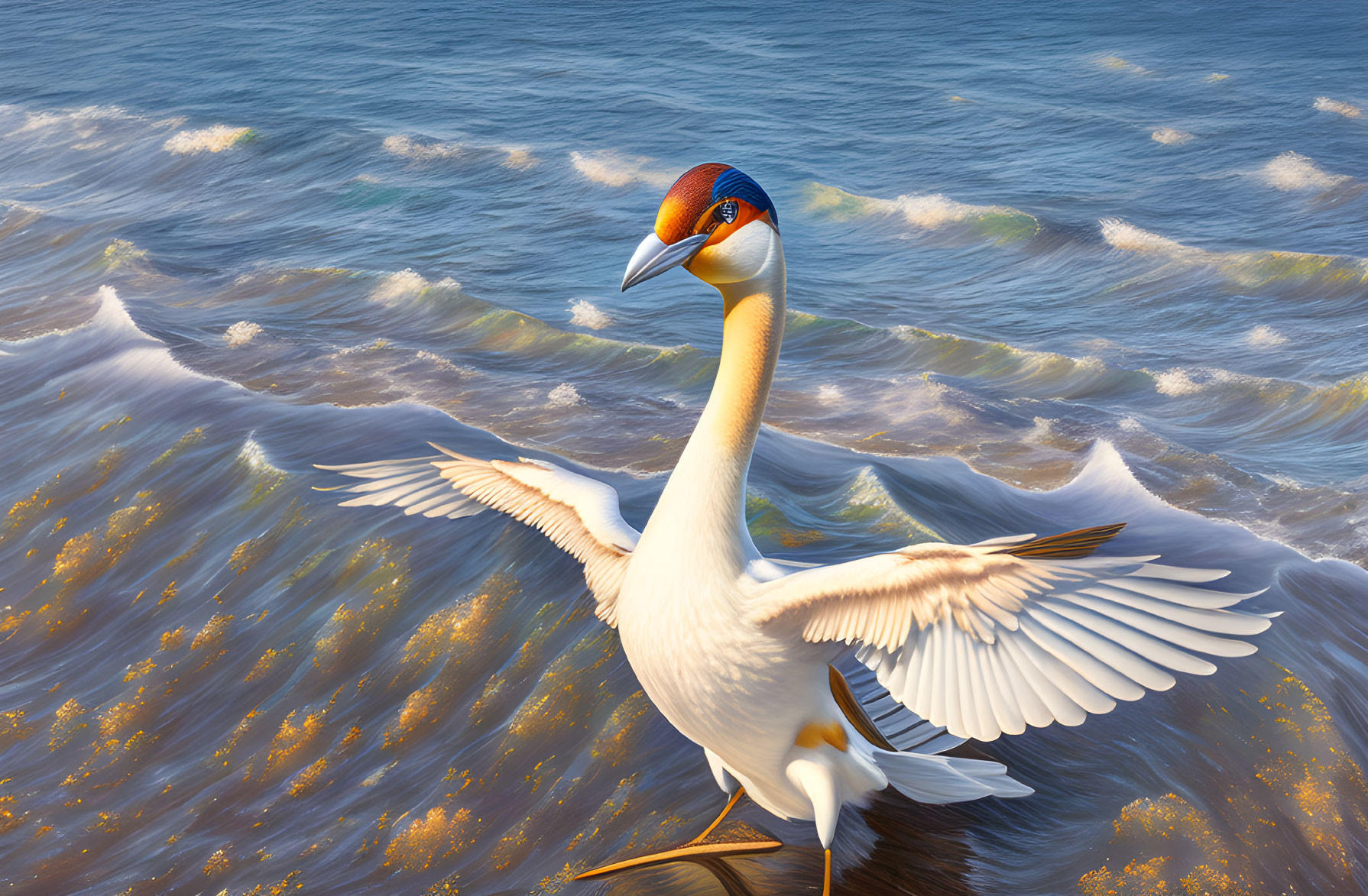 White Bird with Long Neck Hovering Over Ocean Waves in Golden Light