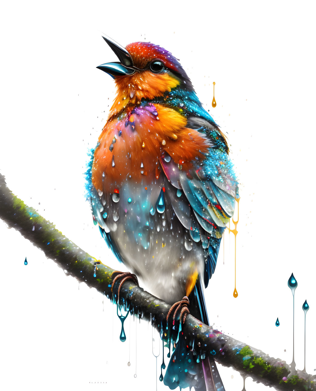 Colorful Bird Perched on Branch with Water Droplets and Paint Splashes