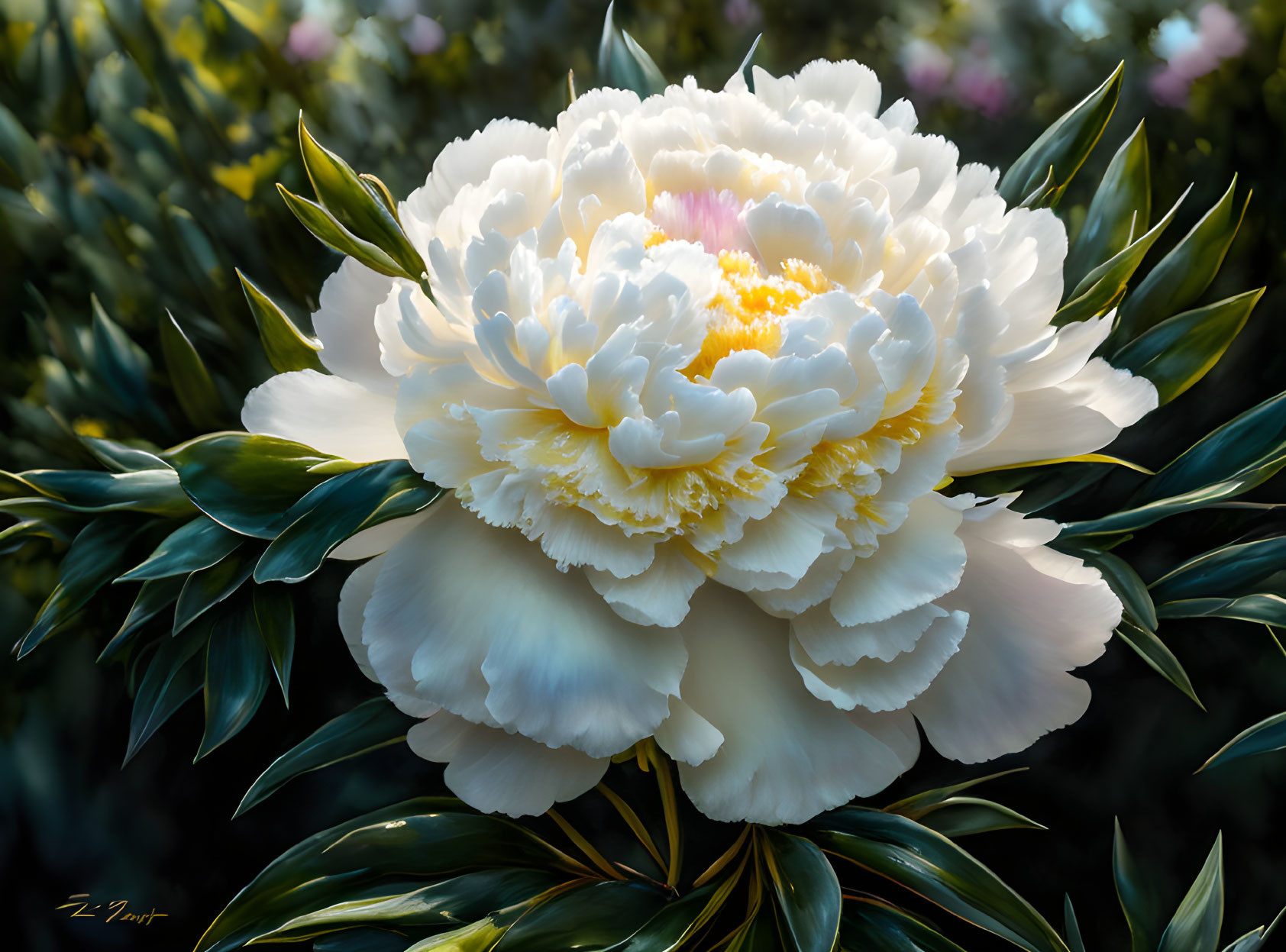 Close-up of Vibrant White Peony with Pink and Yellow Center