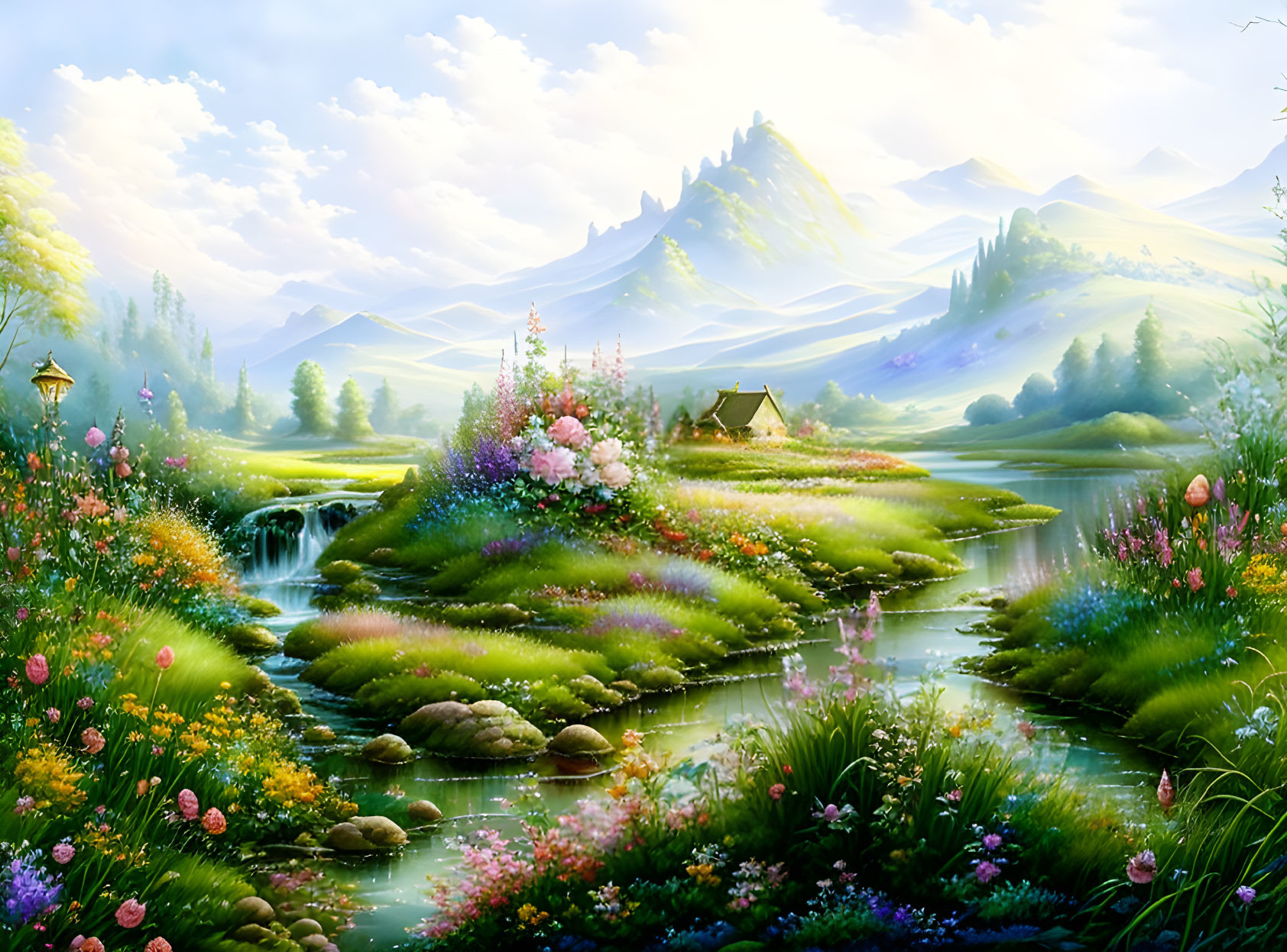 Colorful Digital Artwork of Serene Fantasy Landscape