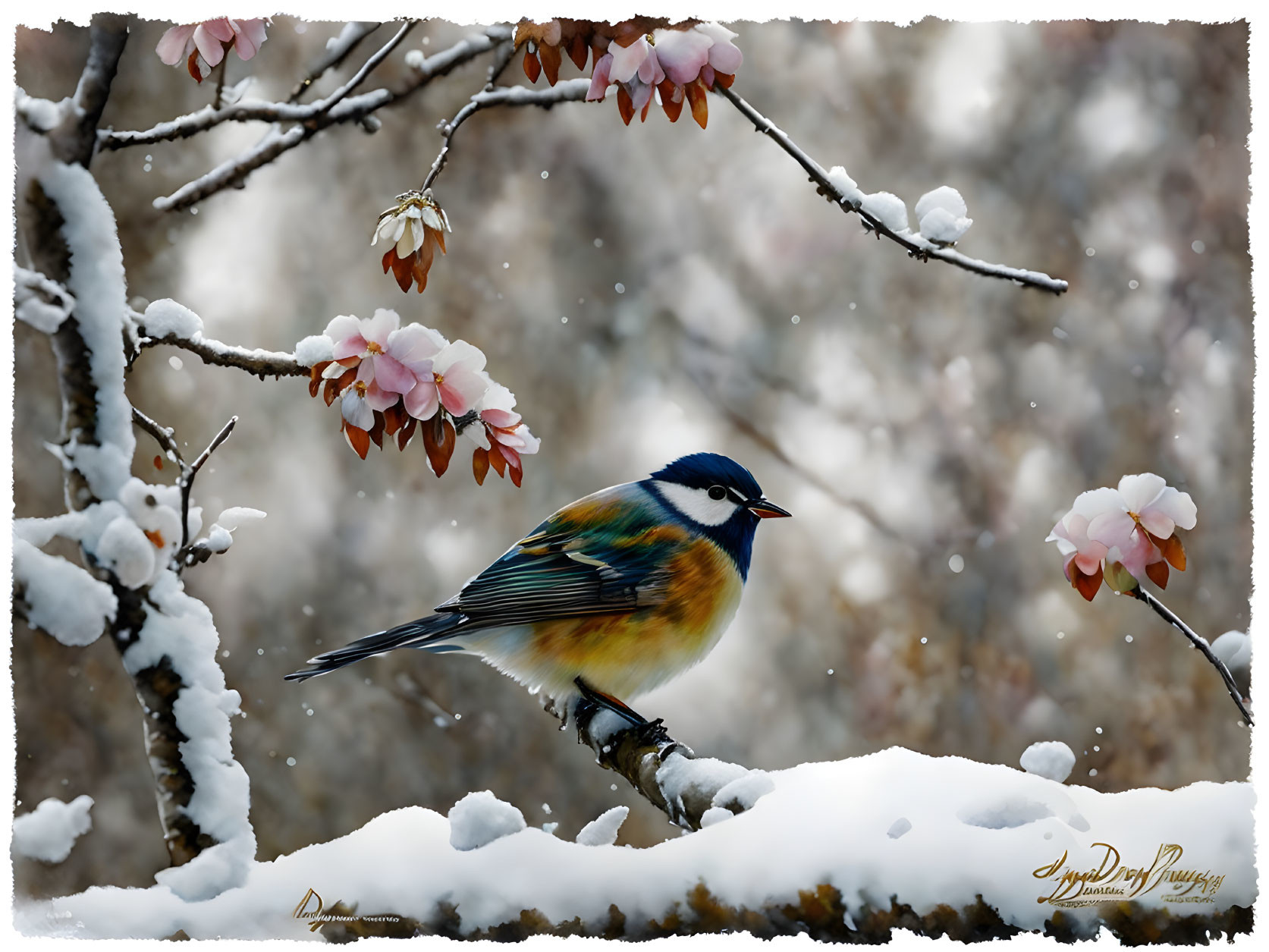 Colorful Bird on Snow-Covered Branch with Pink Blossoms