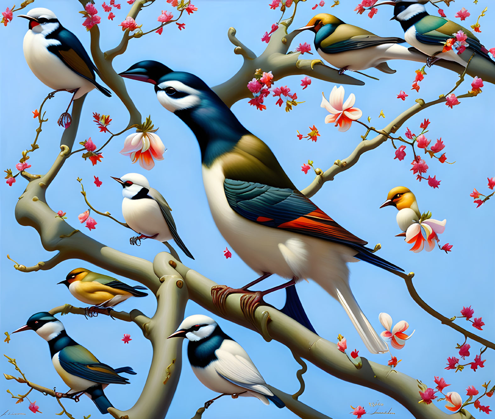 Colorful Birds on Flowering Branches Under Blue Sky