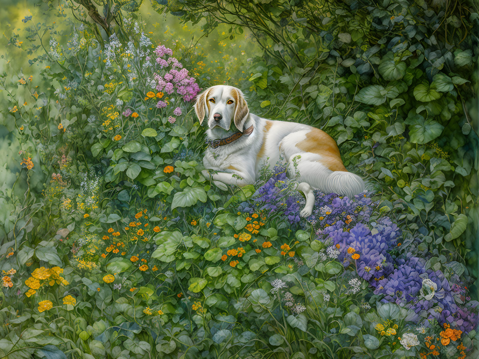 Lemon Beagle Relaxing in Colorful Flower Garden