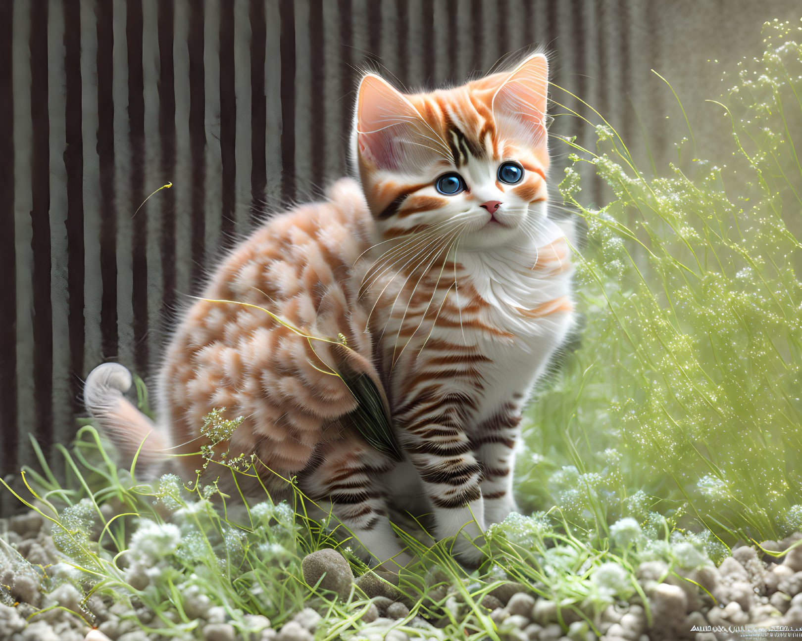 Fluffy orange and white kitten with blue eyes in nature setting