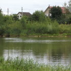 Tranquil countryside scene with thatched-roof cottages and river