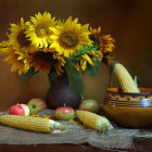 Rustic Still Life with Sunflowers and Autumn Harvest