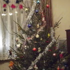 Snowy forest scene: Tall Christmas tree with colorful lights and ornaments under falling snowflakes