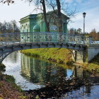 Serene river scene with boat, bridge, traditional buildings, and blooming flowers