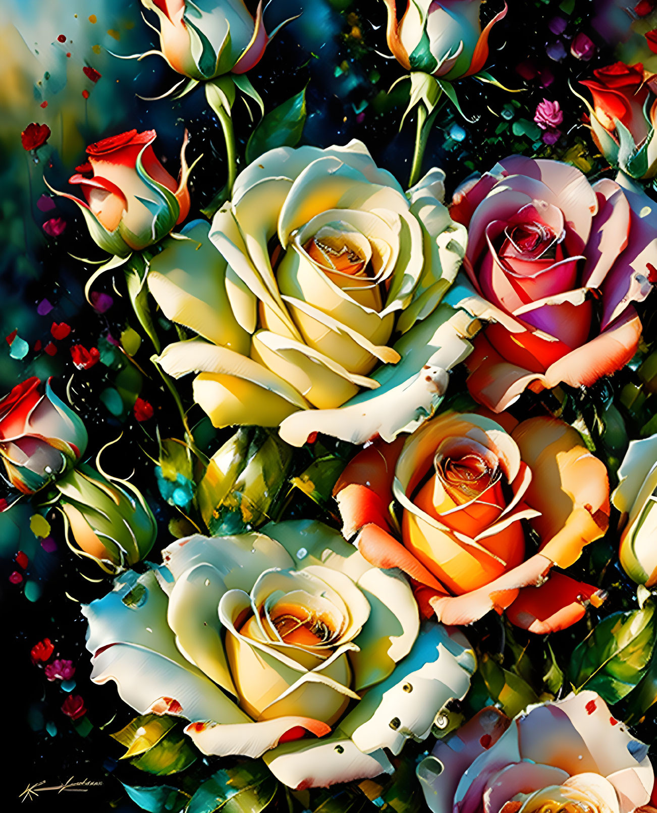 Multicolored roses digital artwork on dark background