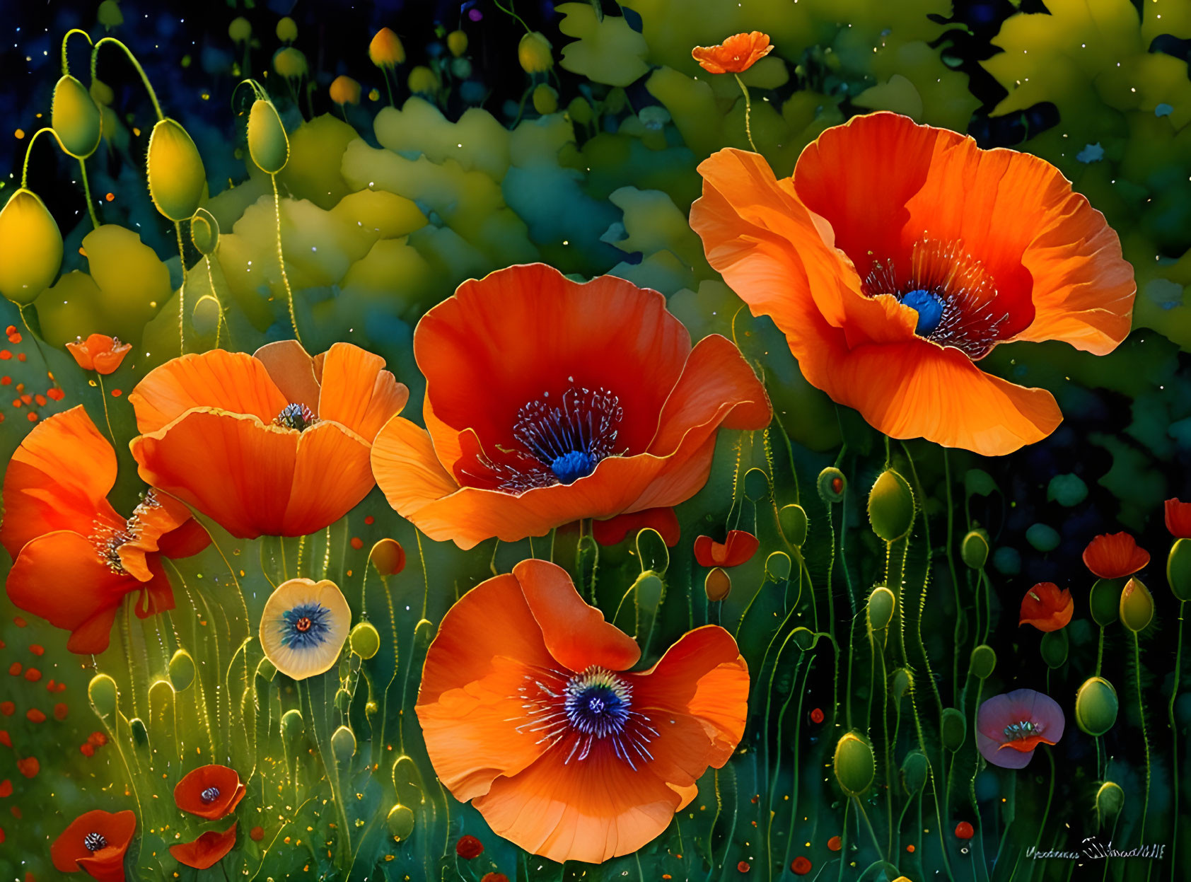 Bright red poppies with dark centers on bokeh-lit dark background.