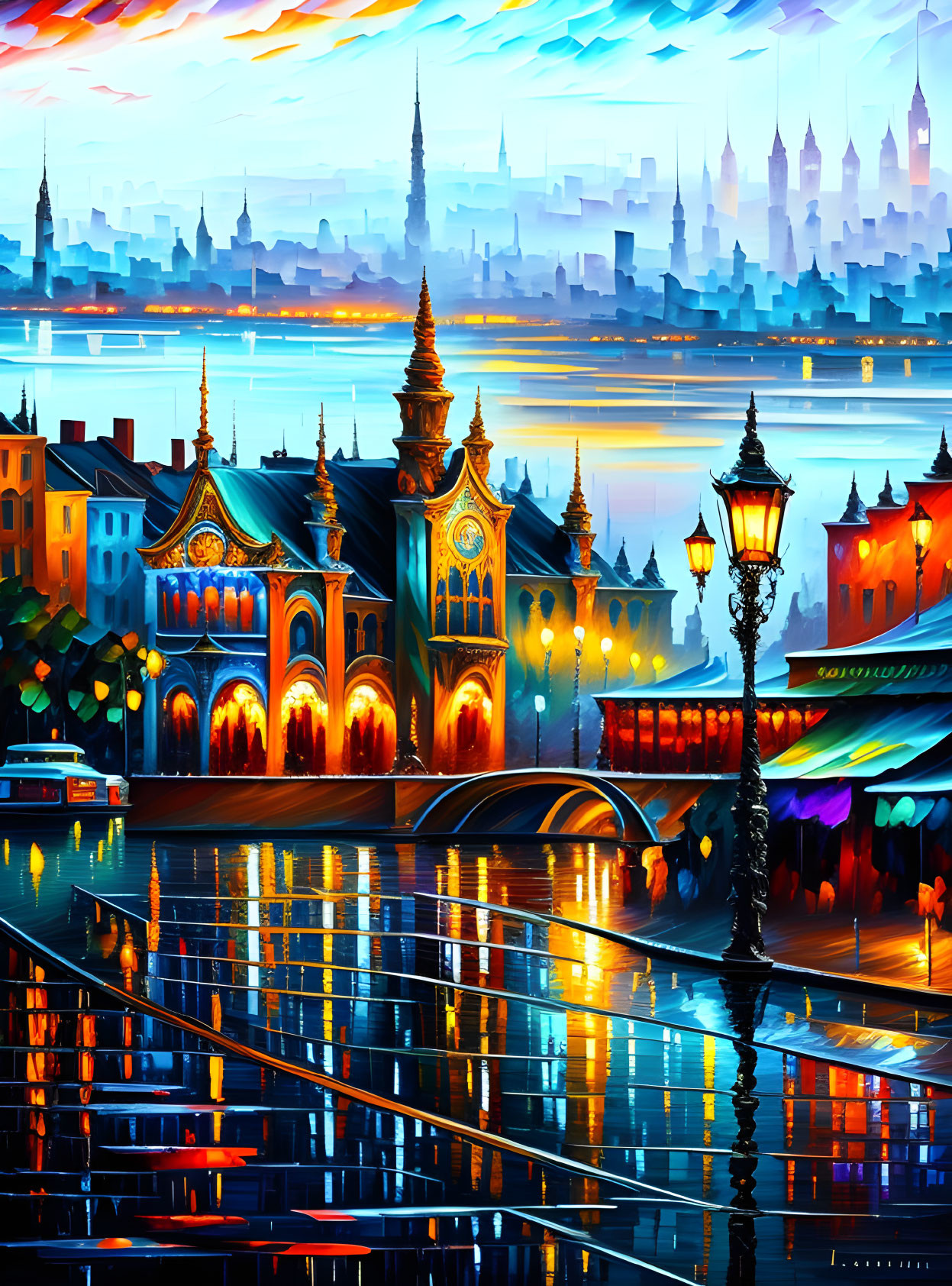 Cityscape Illustration: Colorful Dusk Scene with Illuminated Buildings on Wet Cobblestones