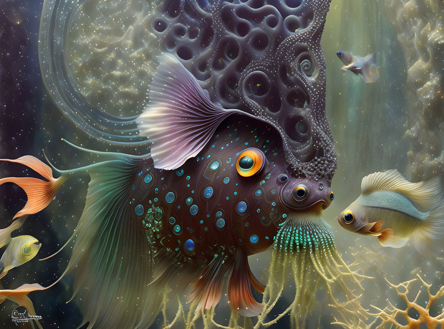 Ornate fish in glowing underwater scene with jewel-like spots and feathery fins.