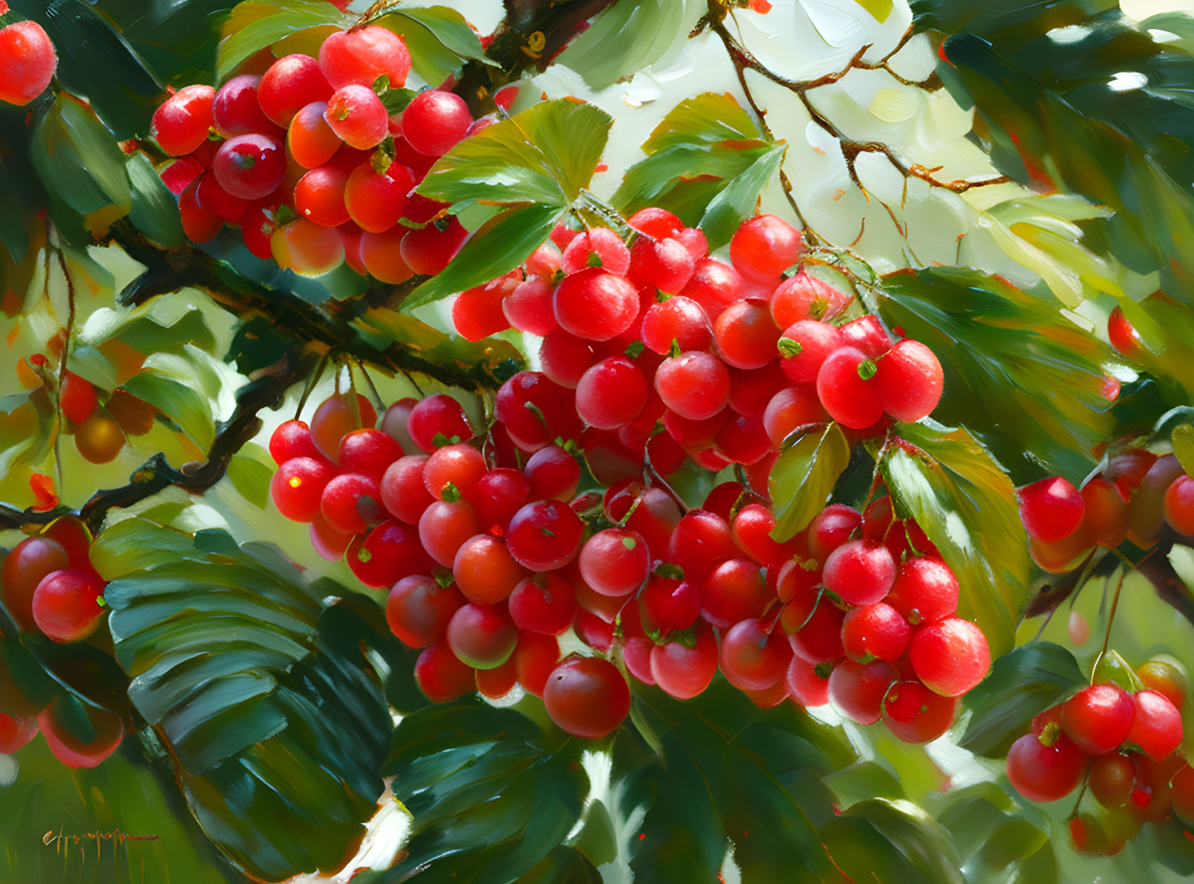 Vibrant painting of ripe red cherries on green branch in sunlight