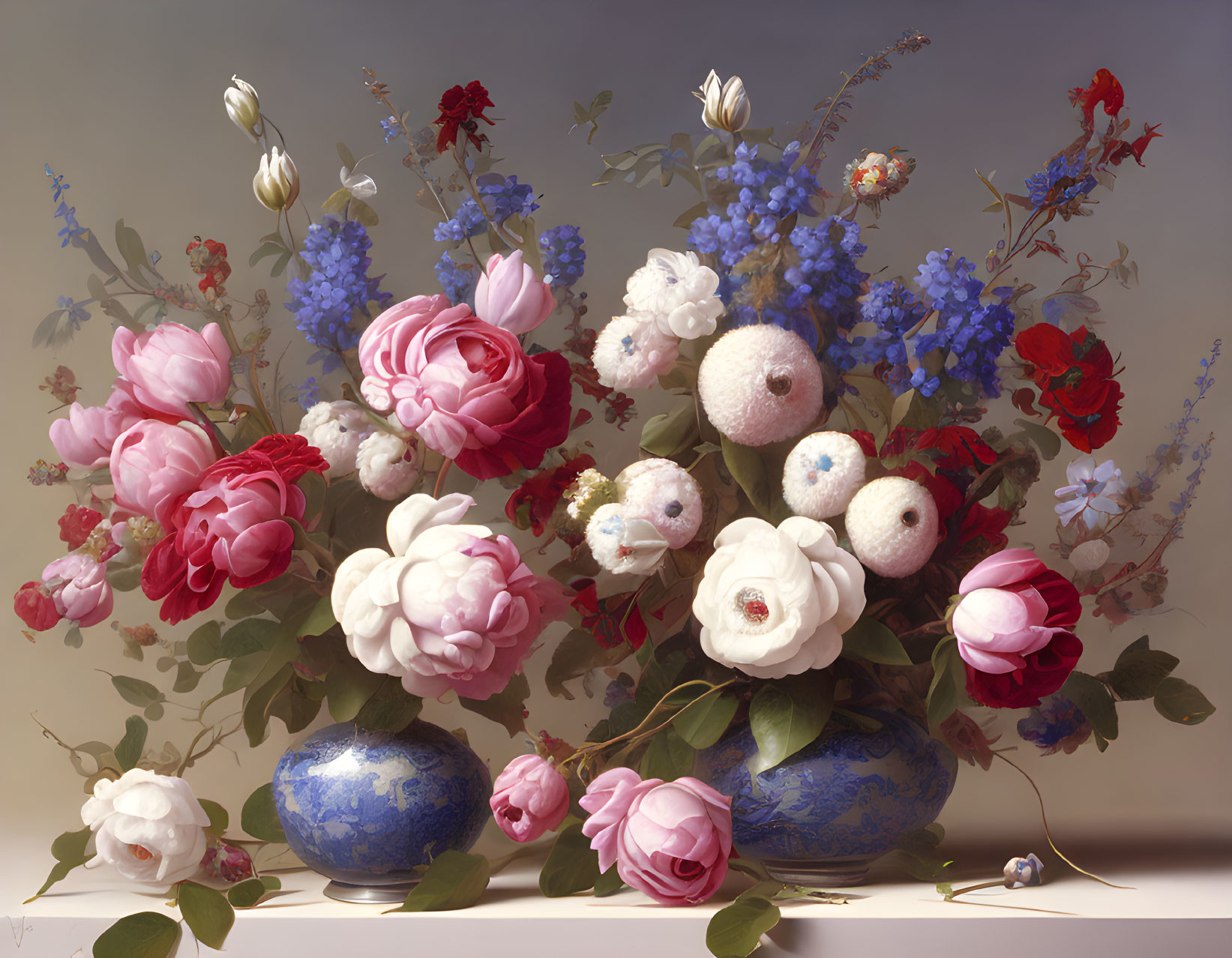 Floral still life with roses and daisies in blue vase